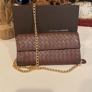 Bottega Veneta Clutch Wallet with Removable Gold Colored Chain 100% Authentic!